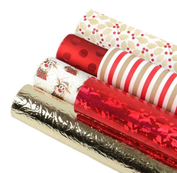 Red & Gold Christmas themed sheets, Faux leather sheets, synthetic leather sheets, vegan, tree, metallic, glitter, polka dots, holly, stripe