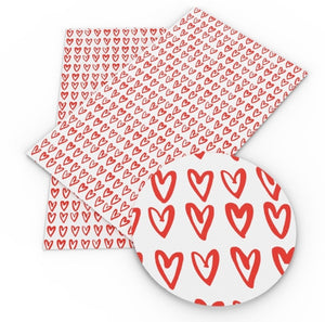 White with red scribed heart pattern, Valentine’s Day faux leather sheet, synthetic leather for crafts, bows, earrings, beading,