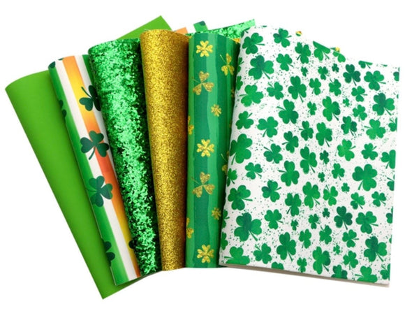 Assorted St. Patrick’s Day themed faux leather sheets, synthetic leather for crafts, bows, earrings, glitter