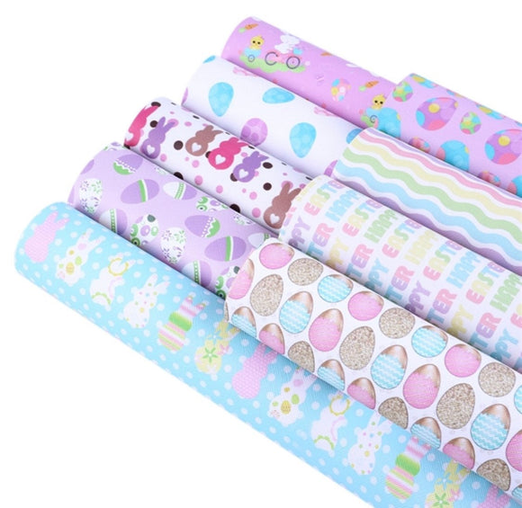 Bundle of 9 Easter themed pastel faux leather sheets, synthetic leather for crafts, bows, earrings, heart, bunny, egg