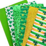 Assorted St. Patrick’s Day themed faux leather sheets, synthetic leather for crafts, bows, earrings, glitter