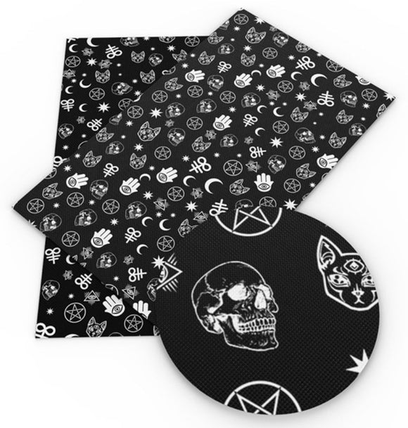 Skull pattern faux leather sheet, synthetic leather for crafts, bows, earrings, beading, eye of fatima, palm, cat, star