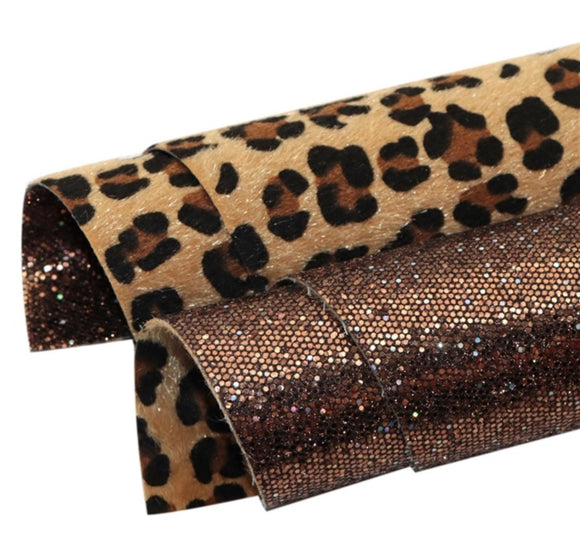 Leopard double-sided, glitter Faux leather sheets, animal print synthetic leather sheets, vegan, cheetah, giraffe