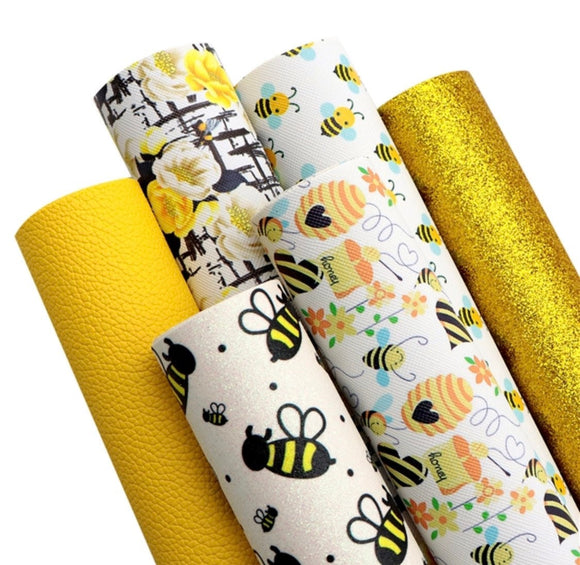 Honey bee bundle, faux leather sheet, floral synthetic leather, vegan leather for crafts, bows, earrings, beading, spring, floral