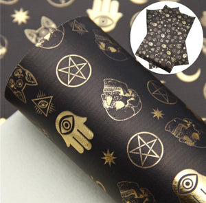 Gold skull pattern faux leather sheet, synthetic leather for crafts, bows, earrings, beading, eye of fatima, palm, cat, star